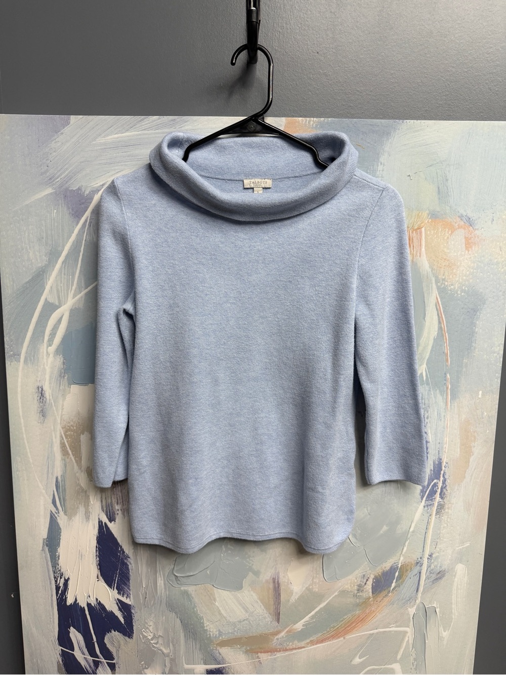 Talbots Cowl Neck Cotton BlendSweater Light Blue 3/4 Sleeve Pullover Knit Size S